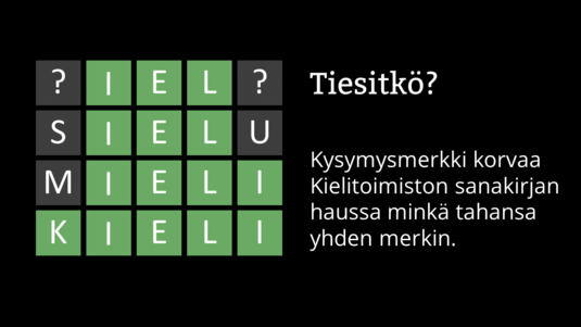 Kysymysmerkki korvaa Kielitoimiston sanakirjan haussa minkä tahansa yhden merkin. Kuva: Risto Uusikoski, Kotus.