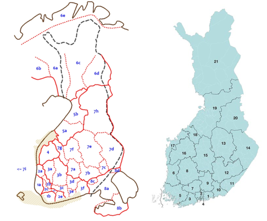 Vasemmalla suomen murrealueiden rajat. Oikealla hyvinvointialueiden rajat. Kuvat: Kotimaisten kielten keskus ja oikeusministeriö.