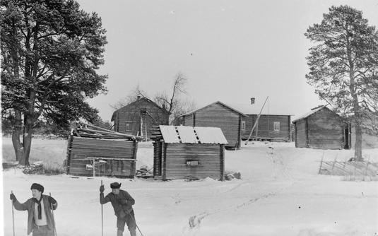 Miehiä hiihtämässä Vieremällä vuonna 1912. Kuva: Ivar Aleksander Ekström. Varkauden museot, A. Ahlström Oy:n kokoelma.