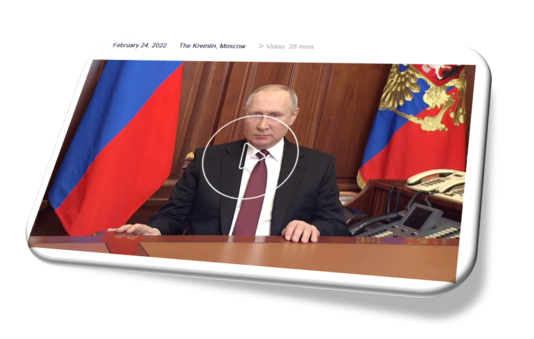 Vladimir Putin puhuu 24.2.2022 videolla. Kuvakaappaus kremlin.ru-sivustolta. Kuvan muokkaus: Vesa Heikkinen.