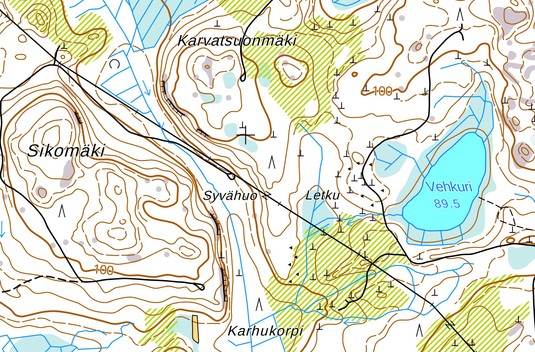 Karttakuva, jossa näkyy Valkealassa sijaitseva Syvähuo-niminen notko.