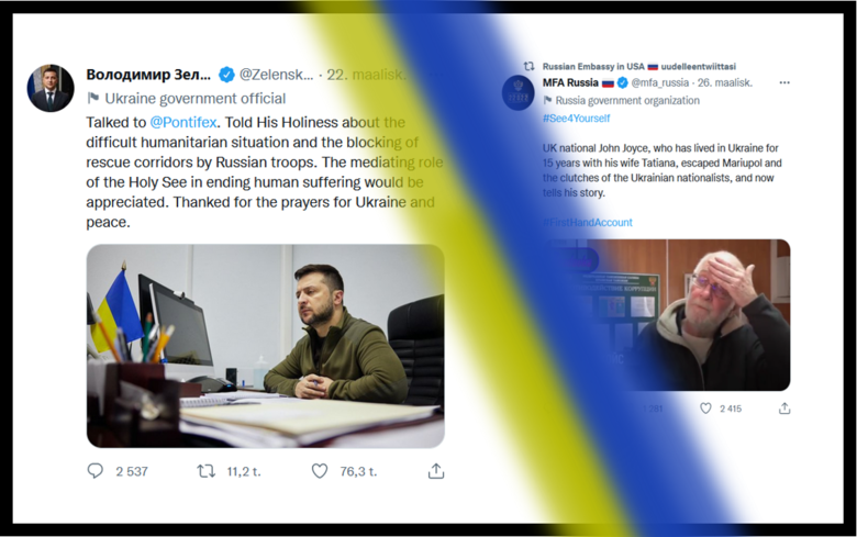 Ukrainan presidentti Volodymyr Zelenskyi kertoo twiitissään tapaamisestaan paavin kanssa. Venäjän ulkoasiainministeriön Twitter-tilillä jaetaan videota sodan alkupäiviltä. Kuva: Risto Uusikoski, Kotus.