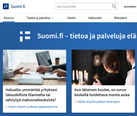 Suomi.fi-palvelun etusivua. Ruutukaappaus.