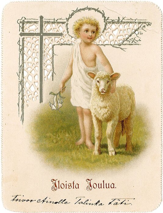 Jeesus-lapsi ja lammas. Joulukortti vuodelta 1896. Kuva: KAMU Espoon kaupunginmuseo.