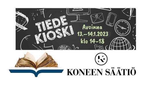 Tiedekioski-tapahtuman 2023, Vanhan kirjasuomen sanakirjan ja Koneen Säätiön logot. VKS:n logo: Poutapilvi ja Sonja Holopainen, Kotus.