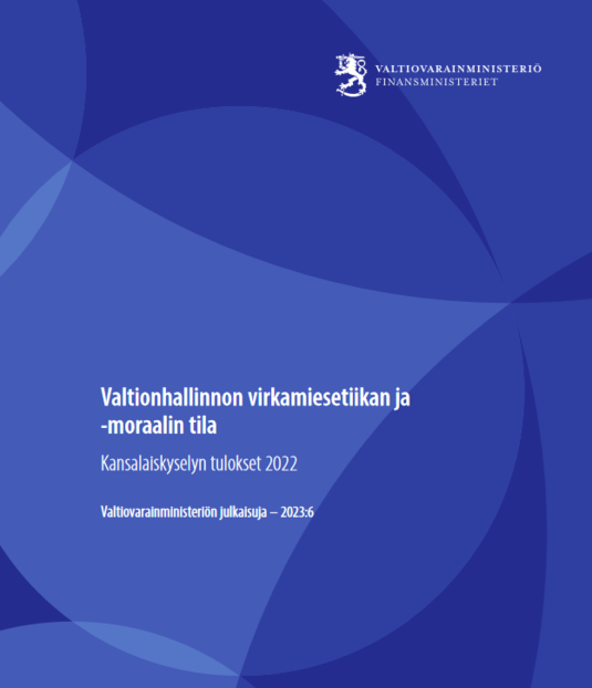Valtionhallinnon virkamiesetiikan ja -moraalin tila: Kansalaiskyselyn tulokset 2022 -raportin kansi. Kuvakaappaus.