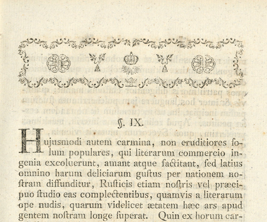 Luvun IX alkua Henrik Gabriel Porthanin teoksesta De poësi fennica 3 (1778). Kuva: Kansalliskirjasto, Doria.