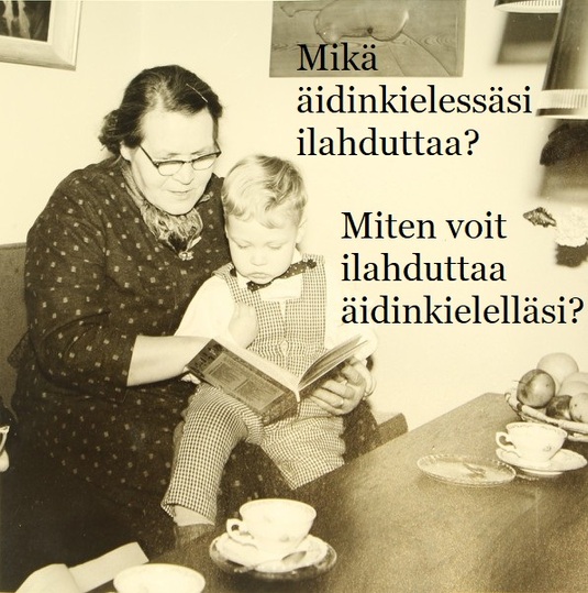 Isoäiti ja poika lukemassa. Kuvalähde: Vesa Nurminen. albumitauki.fi. Muokkaus: Reetta Juntunen, Kotus.