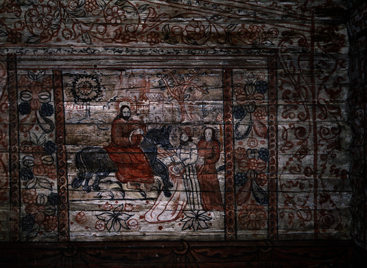Kuva seinämaalauksesta. Jeesus ratsastaa Messiaana Jerusalemiin. Kuva: Soile Tirilä, 2002. Museovirasto. Rakennushistorian kuvakokoelma.