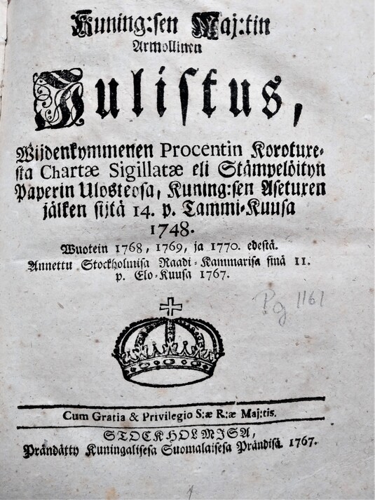 Julistus charta sigillata -maksun korotuksesta 1767, nimiö.