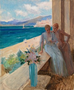 Taiteilijan vaimo ja Emilia von Etter parvekkeella Cannesissa. 1891. Albert Edelfelt. Kuva: Kansallisgalleria. Tekijänoikeusvapaa.