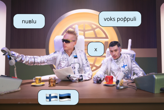 Mikael Gabriel x nublu, joiden ympärille on muokattu laatikoita. Laatikoissa lukee ”nuʙlu”, ”voks pop̆puli” ja ”x”. Kuvassa on myös Suomen ja Viron lippujen emojit.