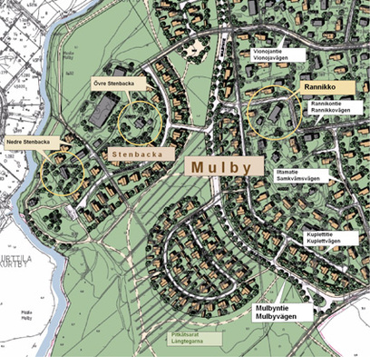 Mulbyn kaupunkinimistöä. Pohjakarttana asemakaavaehdotuksen havainnekuva 2010.