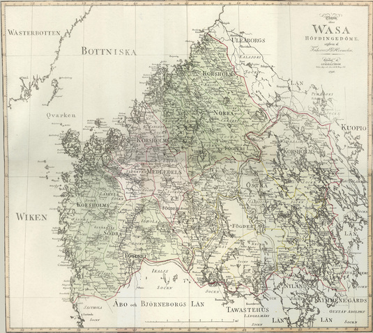 Samuel Gustaf Hermelinin maakuntakartta. Charta öfver Wasa Höfdingedöme. Nimiarkisto.