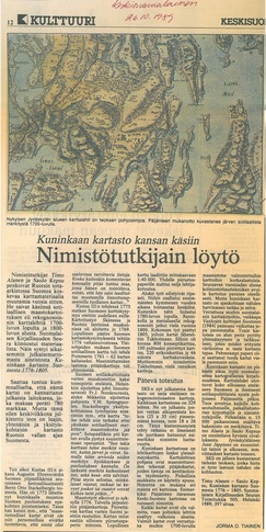 Nimistöntutkijan karttalöytö. Keskisuomalainen 26.10.1985.