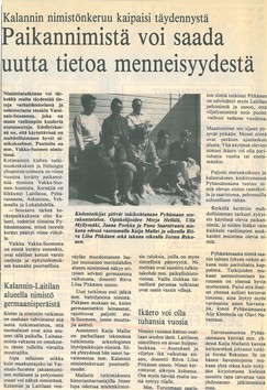 Kalannin nimistönkeruu. Vakka-Suomen Sanomat 4.6.1992.