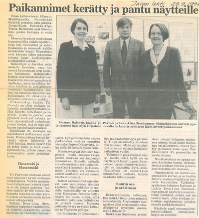 Juvan paikanniminäyttely. Juvan lehti 29.9.1997.