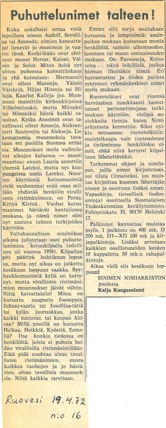 Puhuttelunimet talteen. Ruovesi  19.4.1972.