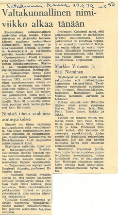 Valtakunnallinen nimiviikko. Satakunnan kansa 27.2.1972.