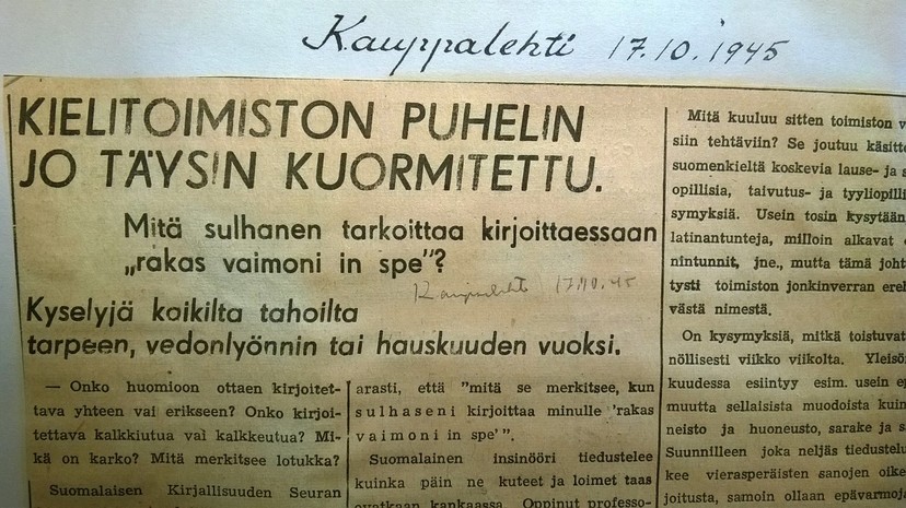 Kielitoimiston puhelin kuormitettu. Kauppalehti 17.10.1945.