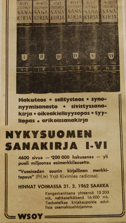 WSOY:n mainos Nykysuomen sanakirjasta