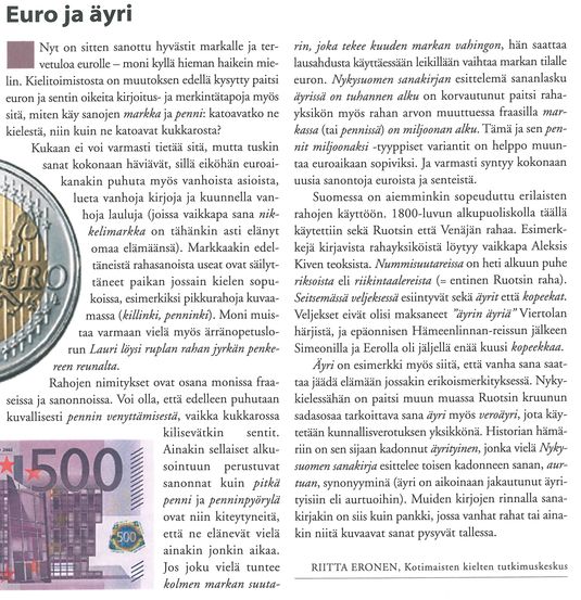 Ajan sana 1 2002 Euro ja äyri