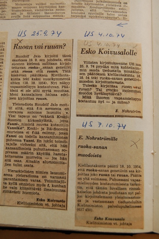 Kielitoimiston vastauksia kielikysymyksiin lehtien yleisönosastoissa. Uusi Suomi 1974.
