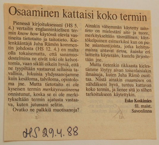 Osaaminen kattaisi koko termin. Helsingin sanomat 29.4.1988.