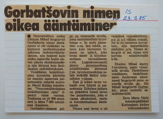 Gorbatšovin nimen oikea ääntäminen. Ilta-Sanomat 23.3.1985.