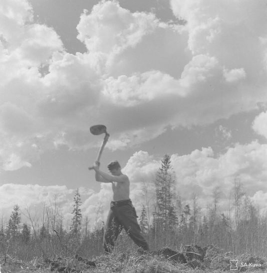 Mies ja kuokka peltoa tasoittamassa (v. 1943). Kuva: Aavikko. SA-kuva. CC BY 4.0.