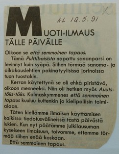 Että semmoinen tapaus. Aamulehti 12.5.1991.