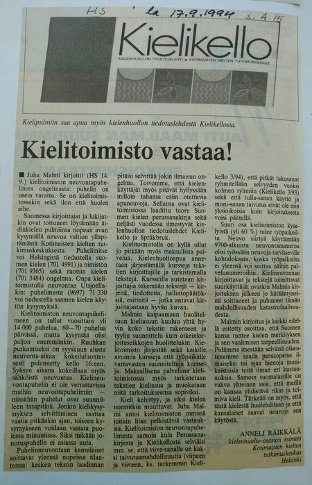 Räikkälä: Kielitoimisto vastaa. Helsingin sanomat 17.9.1994.