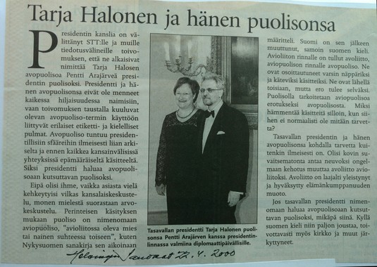 Tarja Halonen ja hänen puolisonsa, Helsingin Sanomat 22.4.2000.
