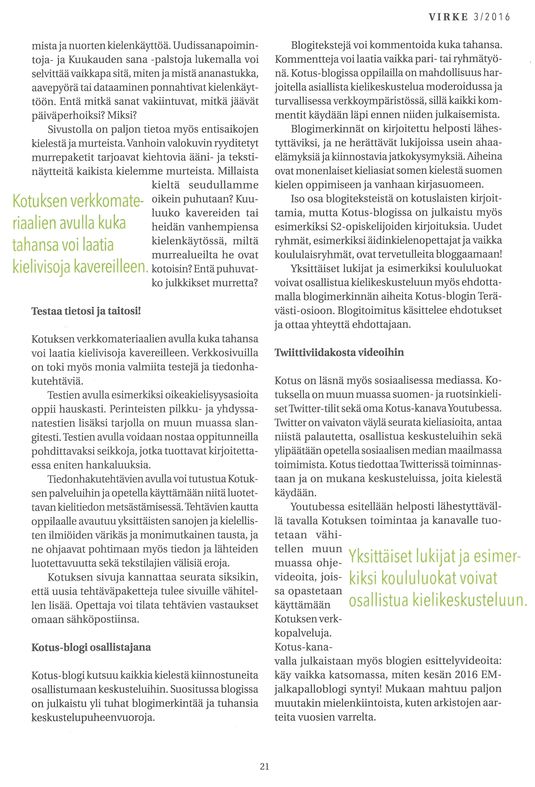 Kotuksen verkkopalvelut: (melkein) kaikkea kielestä, sivu 2. Virke 3/2016.