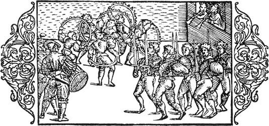 Teinejä miekka- ja kaaritanssin pyörteissä. Kuva Olaus Magnuksen teoksesta Historia de gentibus septentrionalibus (1555)
