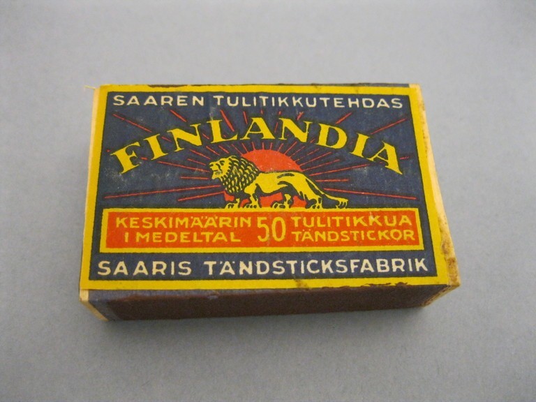 Finlandia-tulitikkurasia. Saaren Tulitikkutehdas Oy. 1920–1939. Helsingin kaupunginmuseo. CC BY 4.0.