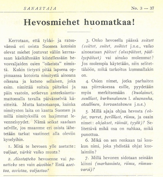 Kysely "Hevosmiehet huomatkaa!" aikakauskirja Sanastajassa nro 3, 1927.