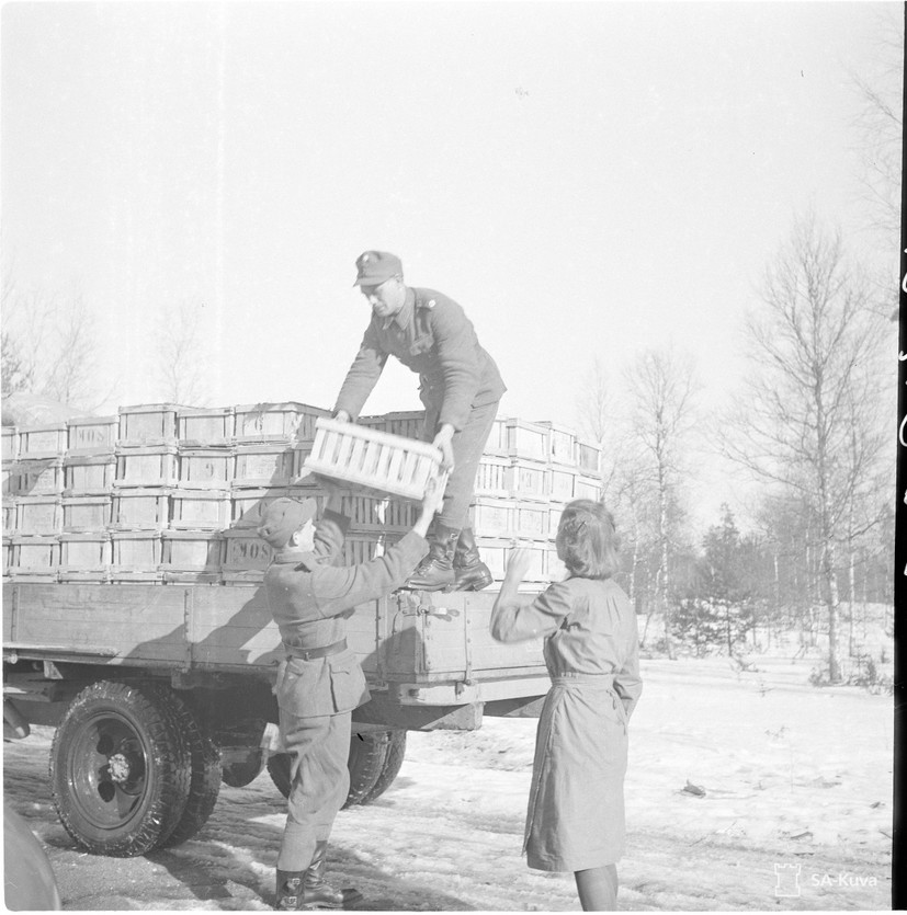 Appelsiinit saapuvat rintamalle. 2.3.1943. Kuva: Sot.virk. G. Feldhoff. Sotamuseo. CC BY 4.0.