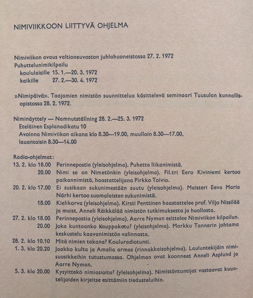 Nimiviikon ohjelma 1972. Kuva Kotuksen arkisto.