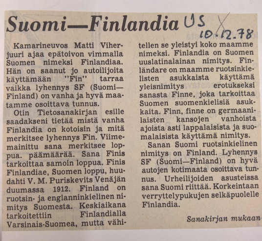 Suomi–Finlandia. Kuva: Uusi Suomi 10.12.1978.