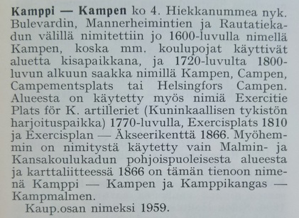Kamppi-artikkeli kirjasta Helsingin kadunnimet (1970). Kuva: Suvi Syrjänen, Kotus.