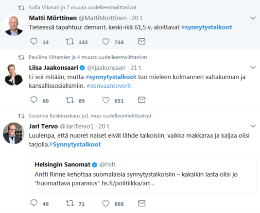 Synnytystalkoot-twiittejä 23.8.2017. Kuvakaappaus Twitteristä.