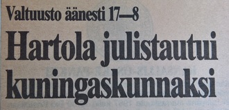 Hartola julistautui kuningaskunnaksi. Uusi Suomi 11.11.1987.