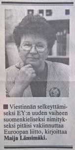 Euroopan liitto. Helsingin Sanomat 10.11.1993.