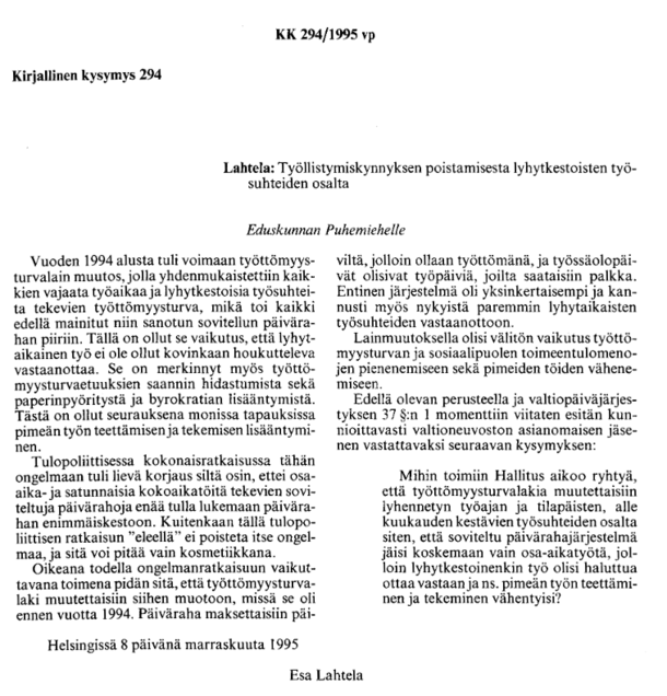 Esa Lahtelan kirjallinen kysymys eduskunnassa 8.11.1995. Eduskunta.