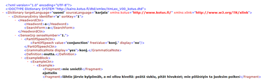 Karjalan kielen sanakirjan sana-artikkelin a alkua XML-muotoisena. Ruutukaappaus.