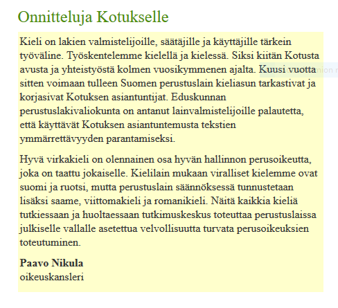 Paavo Nikulan onnittelut 30-vuotiaalle Kotukselle. Kuvakaappaus Kielikellosta 1/2006.