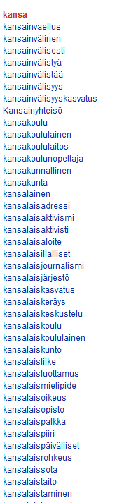 Kansa-alkuisia sanoja Kielitoimiston sanakirjassa. Kuvakaappaus: Kielitoimiston sanakirja.