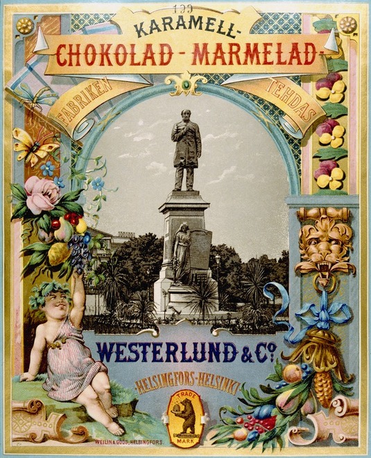 Westerlundin karamellitehtaan mainos, 1890. Kuva: Helsingin kaupunginmuseo. CC BY 4.0.