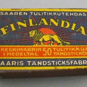 Finlandia-tulitikkurasia. Yksityiskohta. Saaren Tulitikkutehdas Oy. 1920–1939. Helsingin kaupunginmuseo. CC BY 4.0.